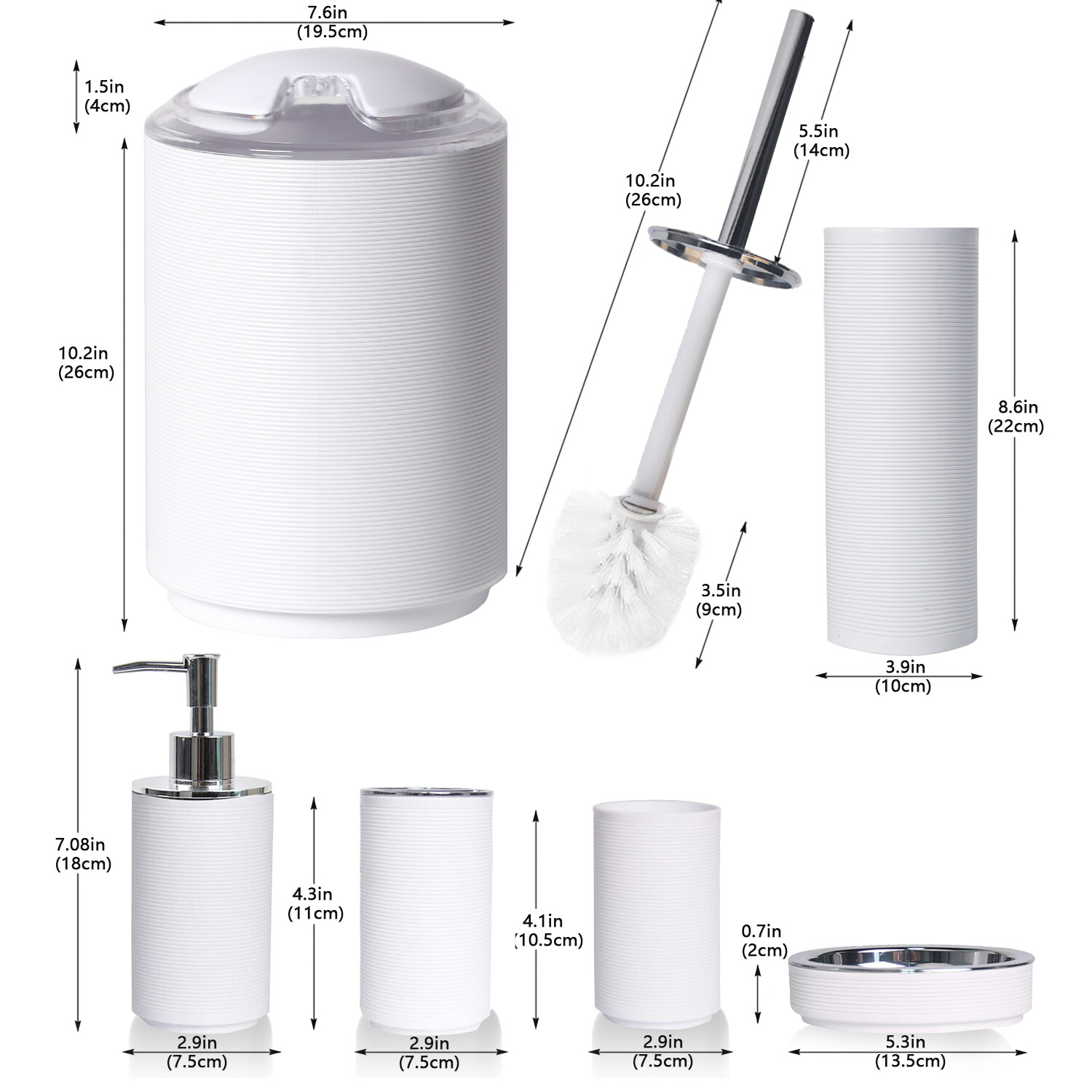 Bathroom Accessories Set 6Piece Bath Ensemble Decorative Countertop White Thread