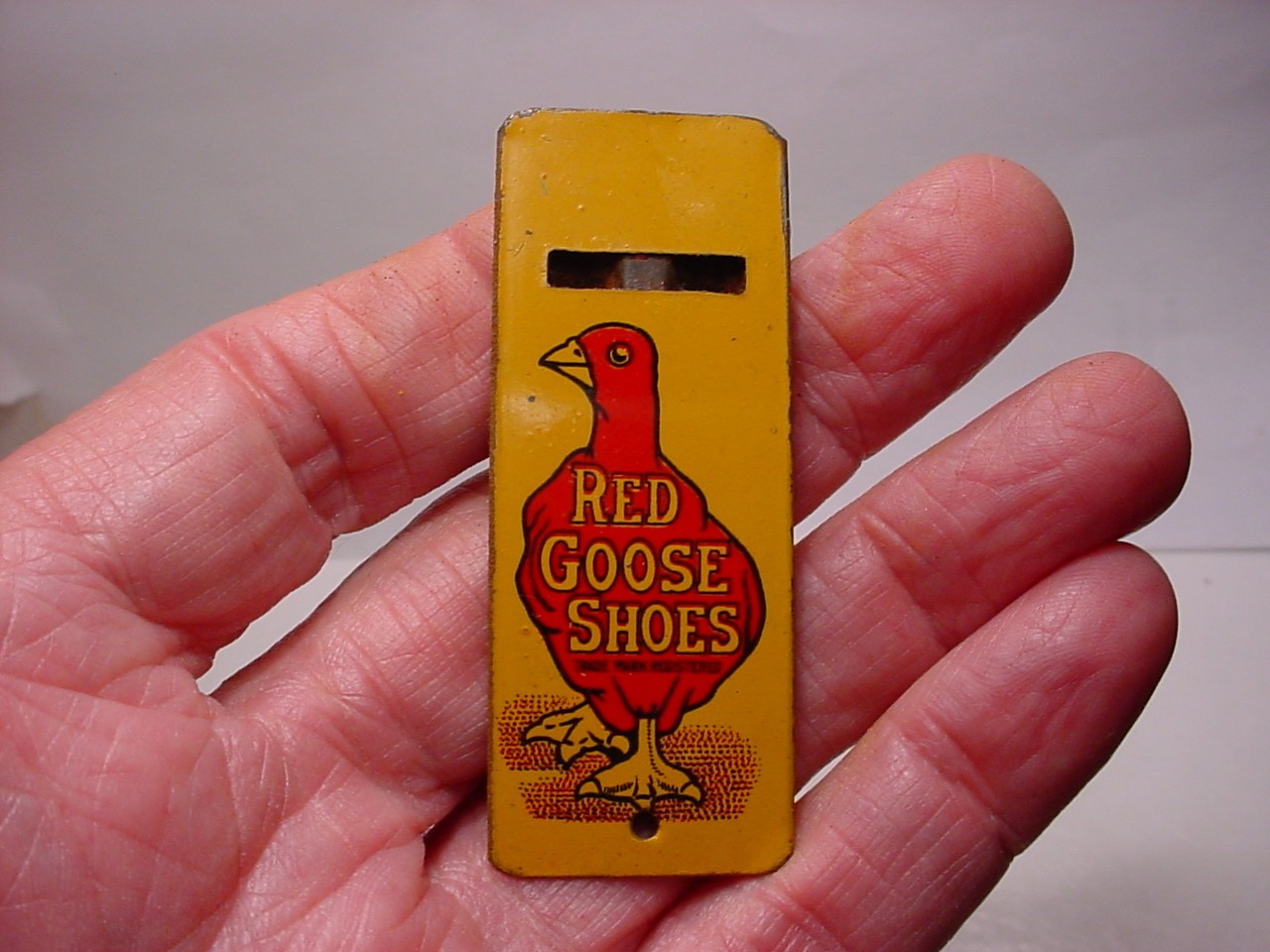Vintage Red Goose Shoes advertising premium tin Whistle by Kirchhof USA