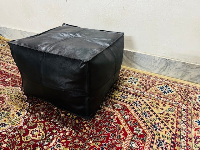 20 Inch Black Leather Pouf Ottoman – Authentic Moroccan Boho Footstool