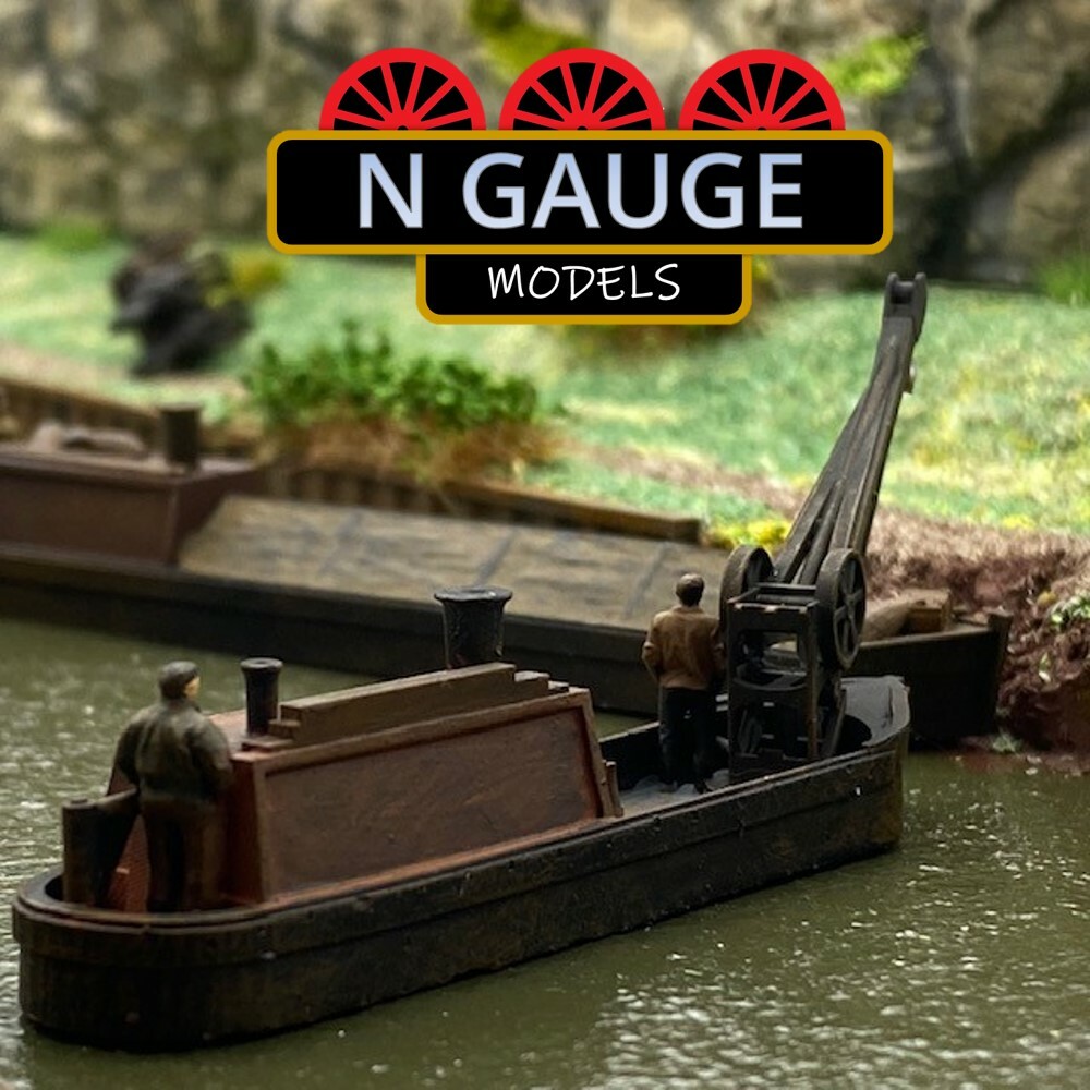PAINTED -N Scale Gauge Steam Crane Canal Barge 1:148  (Coal Narrow Boat 1:160)