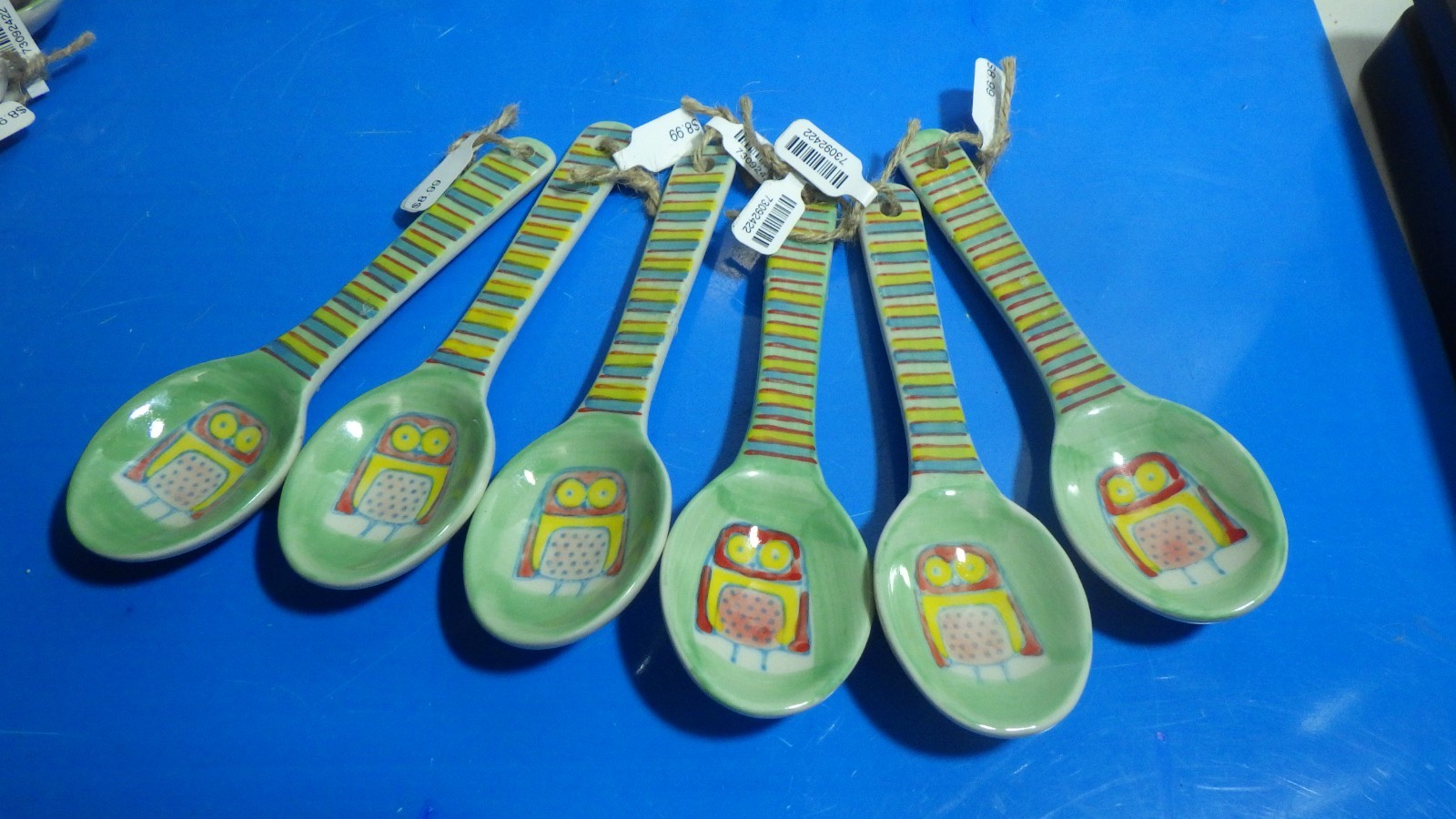 6  Owl colorful pattern soup spoons hand painted stoneware 5.25" L