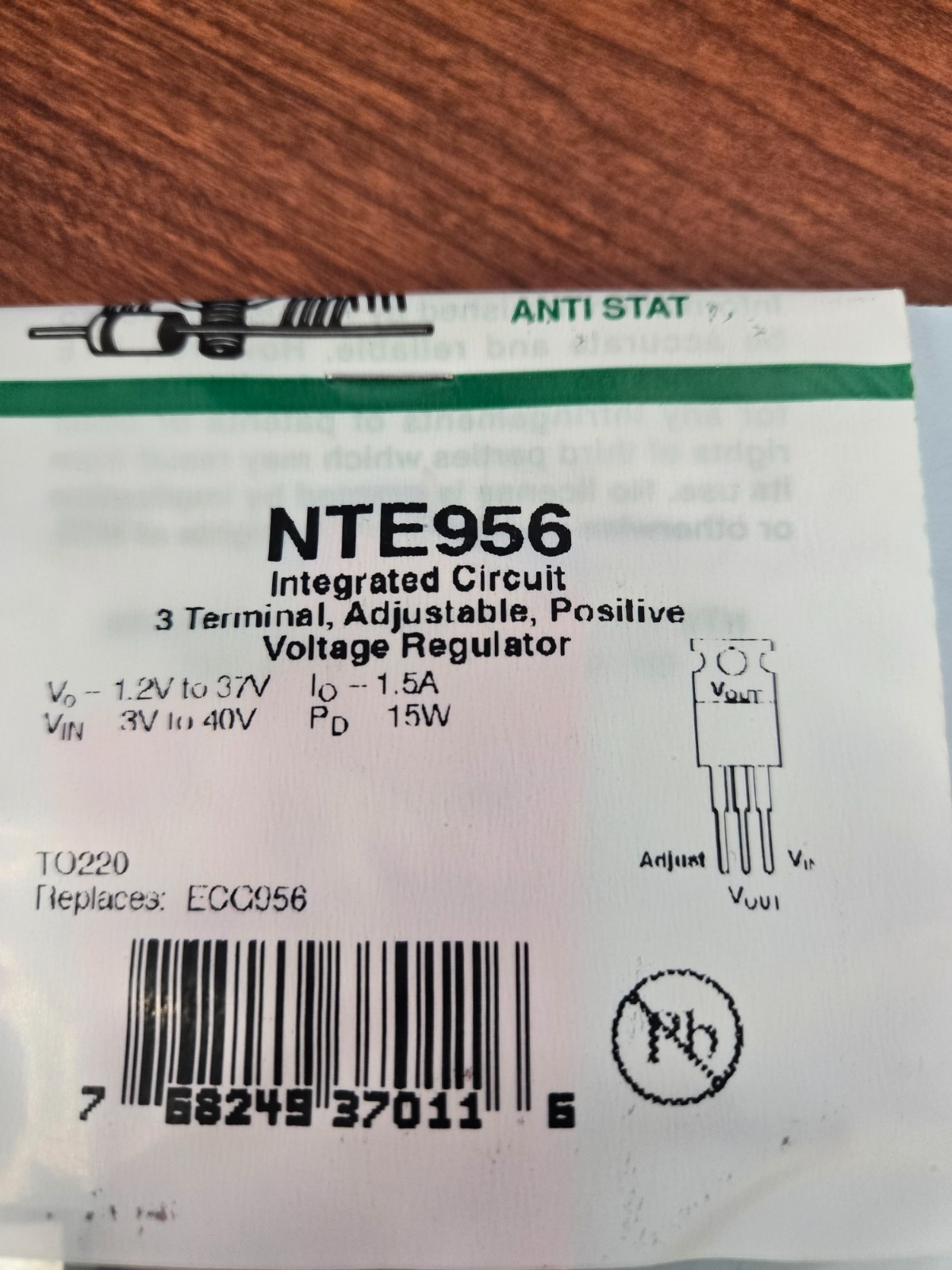 NTE956 Integrated Circuit 3 Terminal, Adjustable, Positive Voltage Regulator