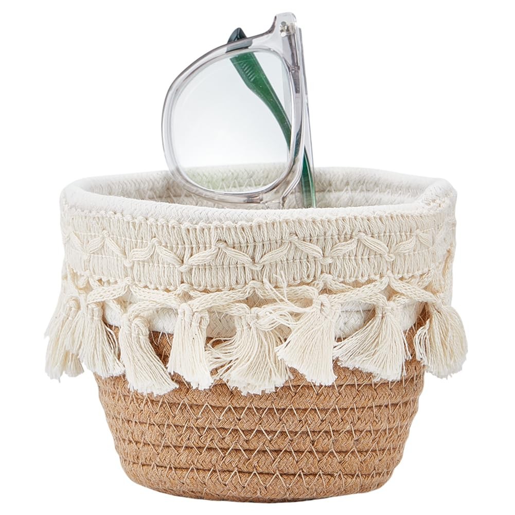 Khaki Tassel Cotton Rope Woven Basket Round Boho Baskets with Cotton Rope Tas...