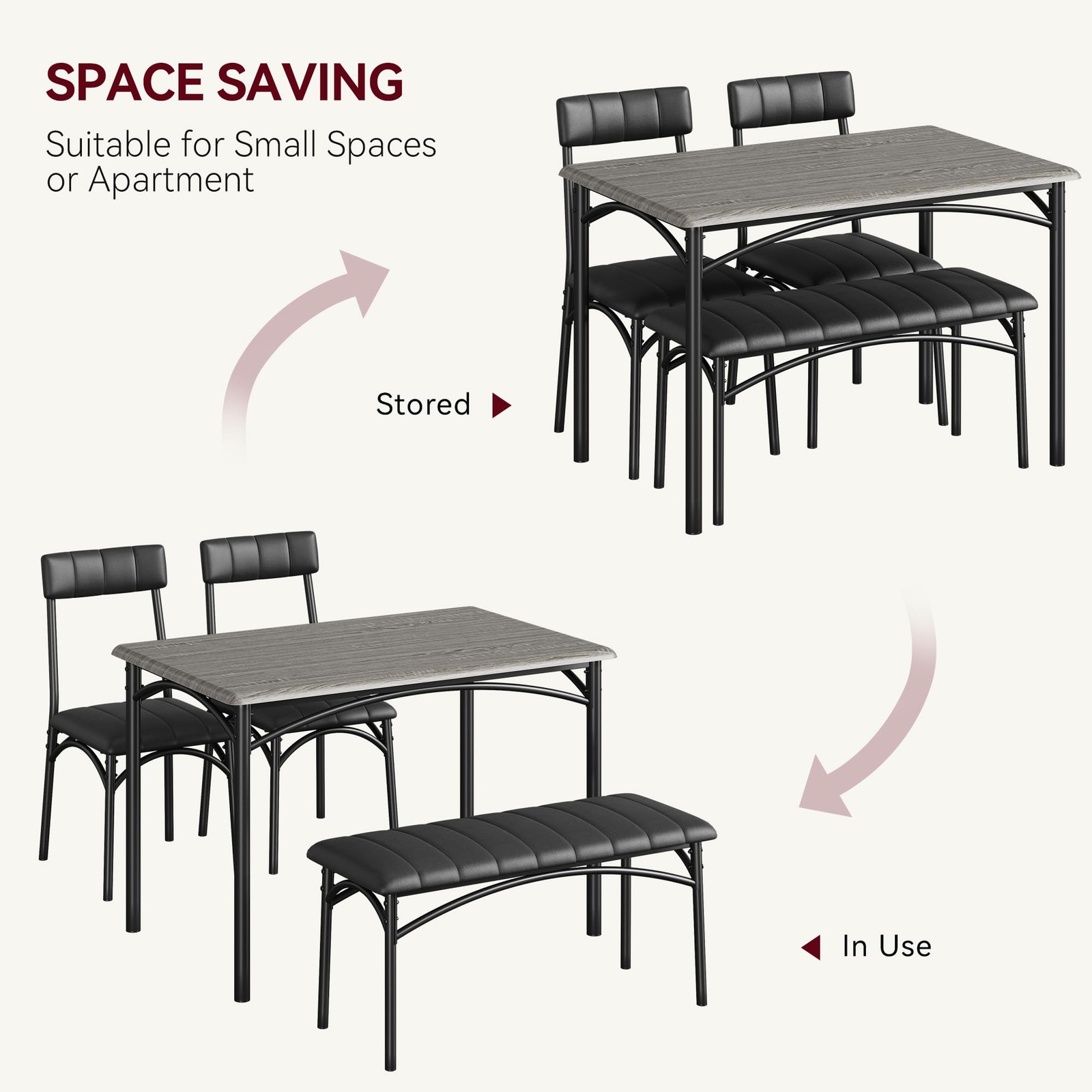 Upholstered Chairs & Bench Dining Set 4-Person Rectangular Kitchen Table Home