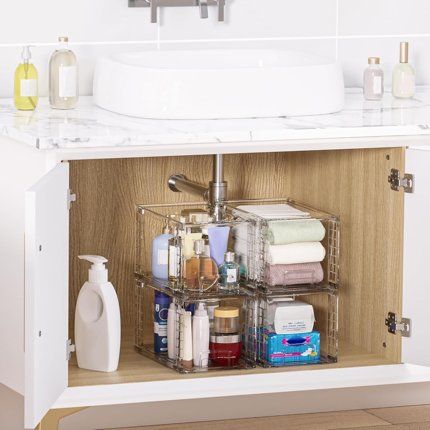 4 Pack Large Stackable Storage Drawers,Easily Assemble Acrylic Bathroom Closet