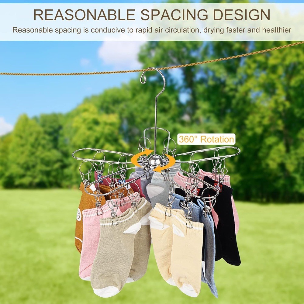 Foldable Stainless Steel Clothes Drying Rack with 20 Clips for Laundry Socks