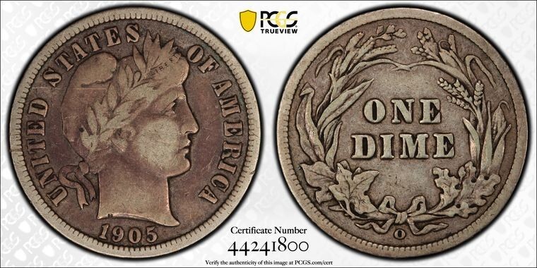 Choice VF 1905-o Micro "o" Type Barber Dime PCGS VF25.  #33