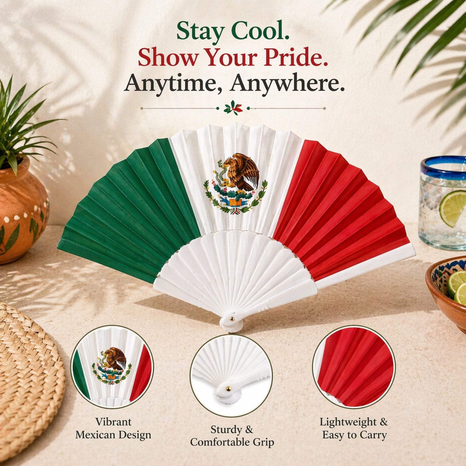 Mexico Flag Folding Hand Fan Portable Cooling Accessory