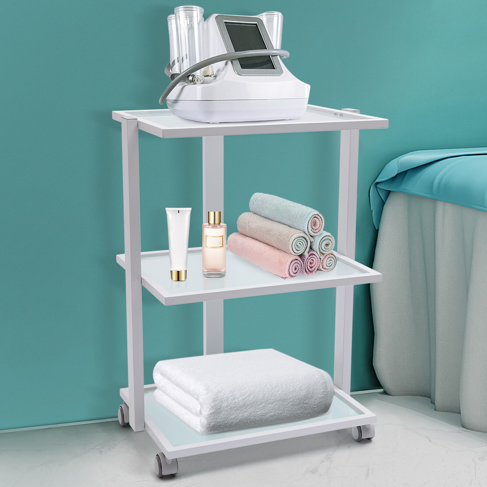 3 Layers Esthetician Beauty Trolley Cart Salon Storage Glass Tray Beauty Trolley