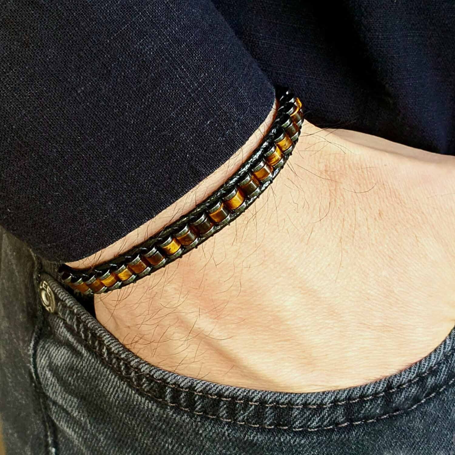 Men's Tiger Eye Hematite Beaded Armlet Bracelet Adjustable Masculine Bangle Gift