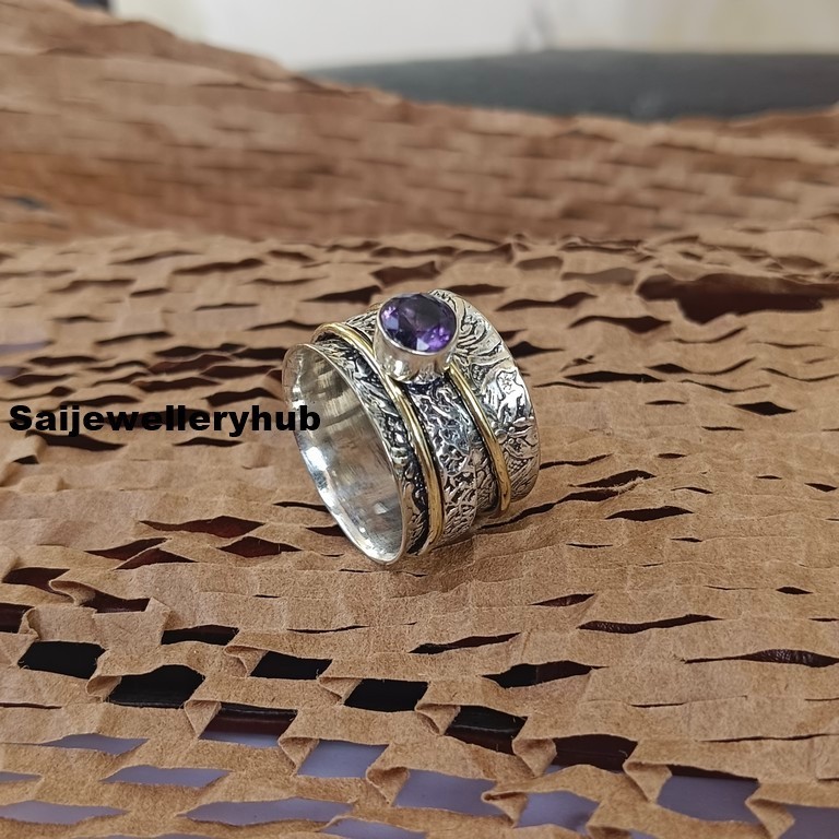 Boho 925 Sterling Silver Amethyst Ring Handmade Spinner Band Ring All Size SR807