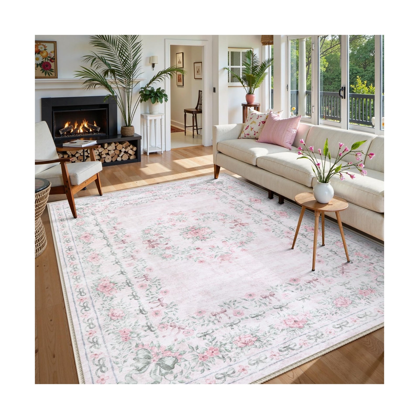 Wonnitar Floral Bow Print 8x10 Area Rugs, Washable Pink Rugs for Bedroom Girl...