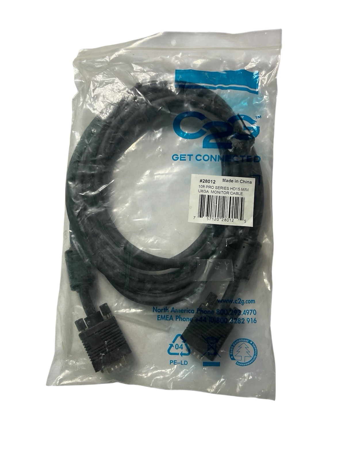 NEW C2G 28012 10ft HD15 M/M VGA Monitor Cable Pro Series UXGA Video Cord