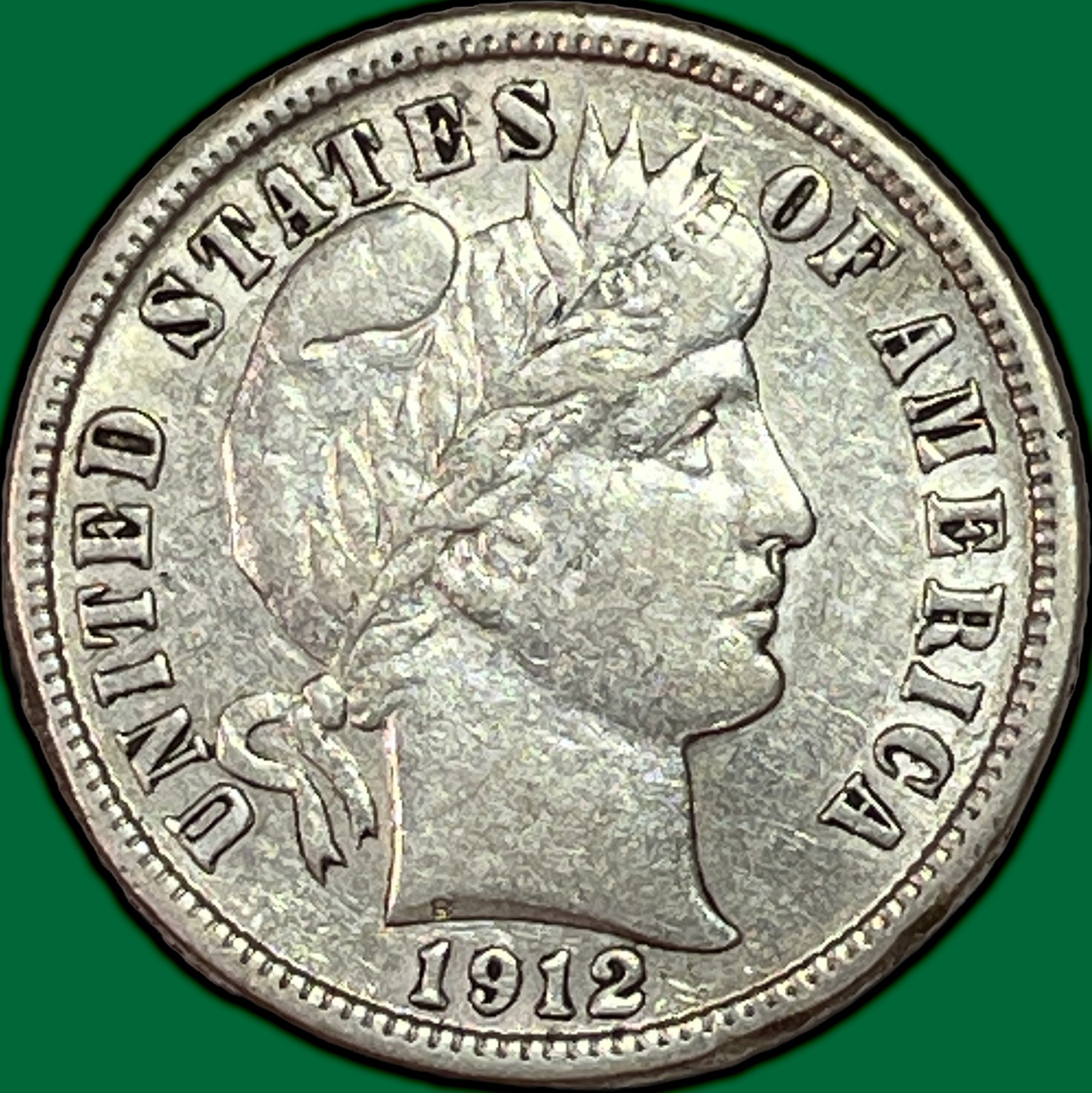 1912-D Barber Dime Almost Uncirculated AU Coin, Rim Damage #41987
