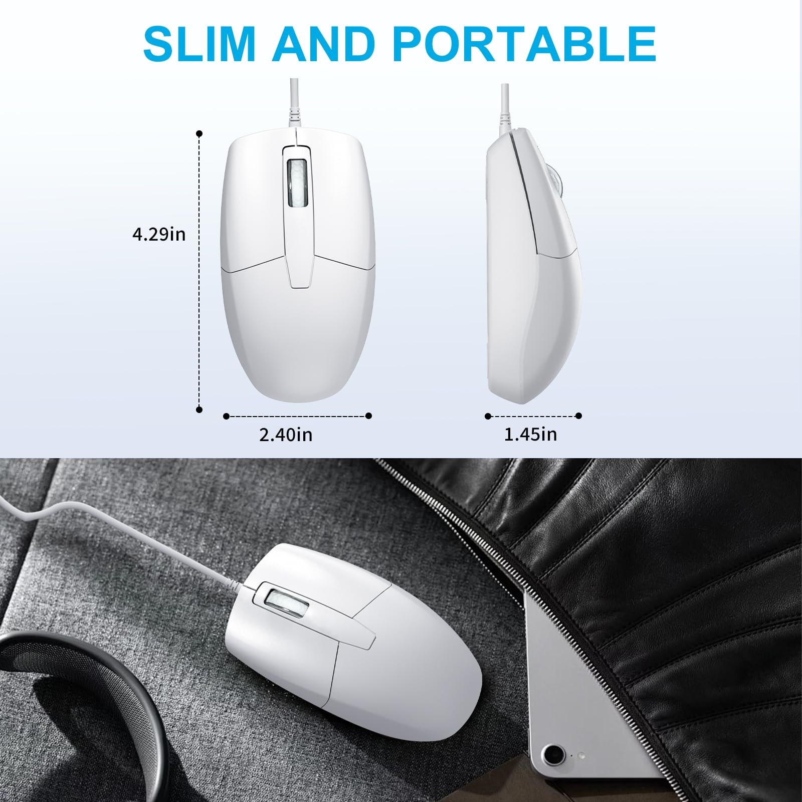 LOONASA USB C Wired Mouse, Type C Optical Portable Silent WiredWhite