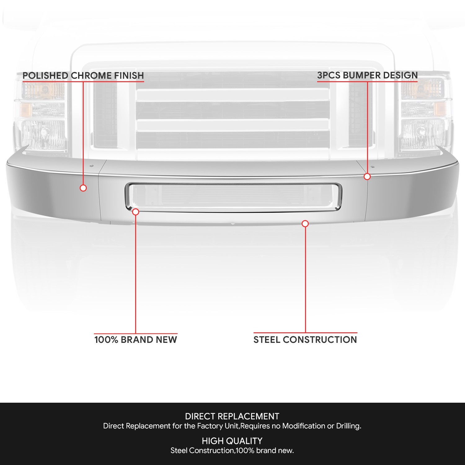 For 2008-2019 Ford E150 E250 E350 E450 SD Front Bumper Face Bar Chrome Steel