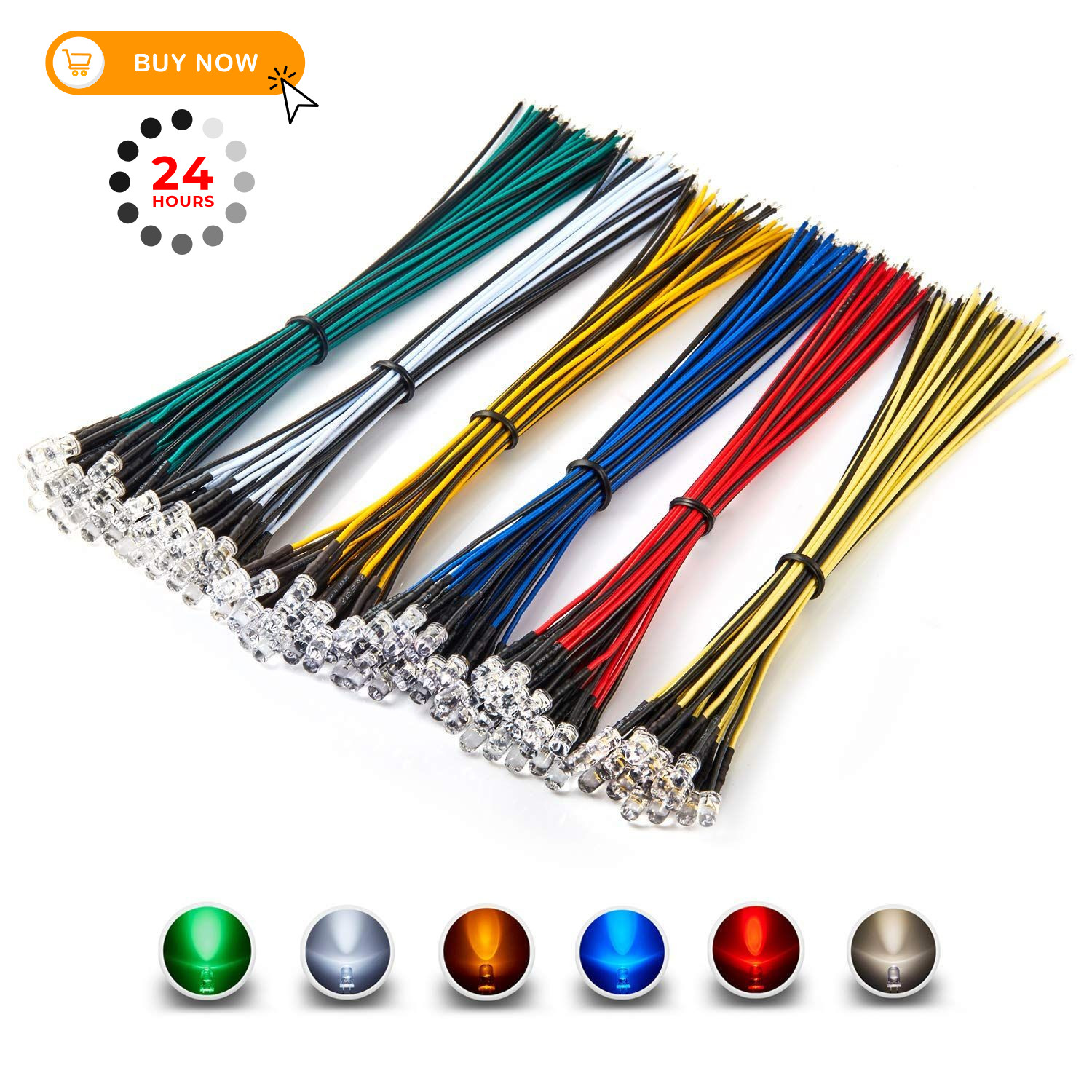 CHANZON 120pcs 12V 5mm LED Diode Round Top, A) 6 Colors X 20pcs =