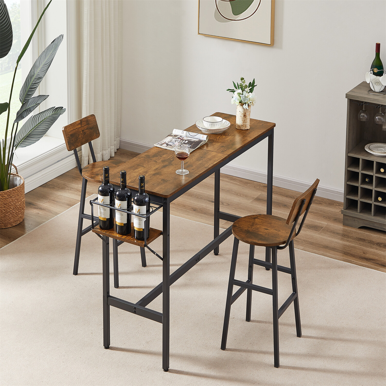 3/5 Piece Bar Table Set Counter Height Kitchen Dining Pub Table with Bar Stools
