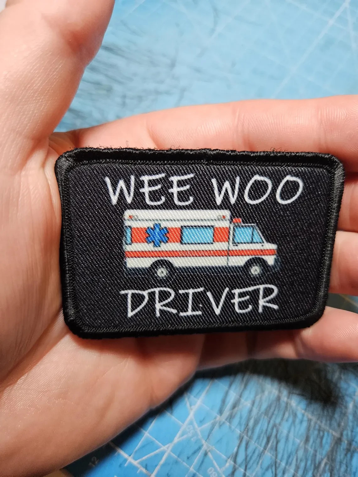Wee woo driver ambulance EMT funny 2"x3" removable patch hook and loop backing