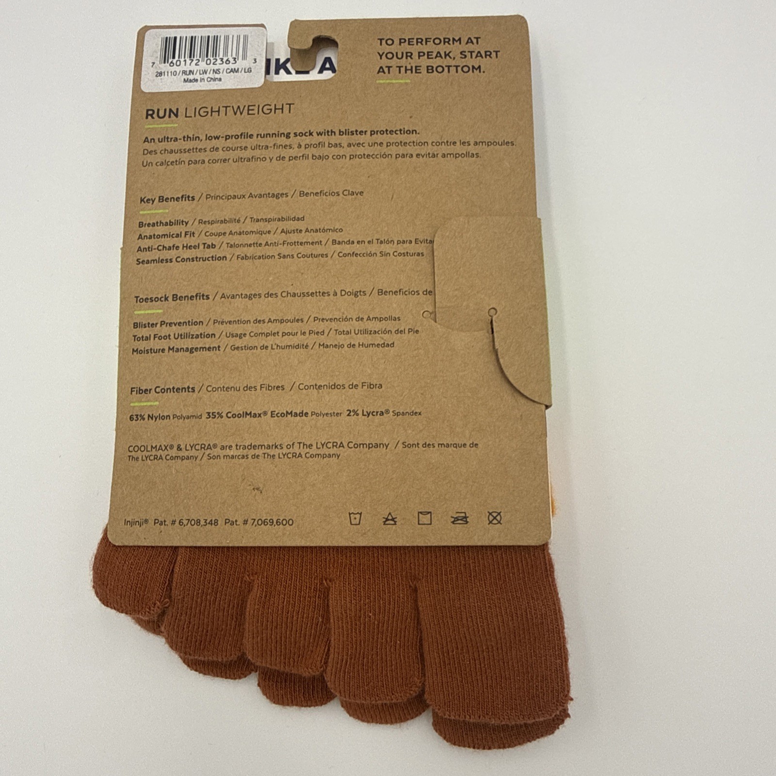 Injinji Performance Run Lightweight Toe Socks Orange Size Large New