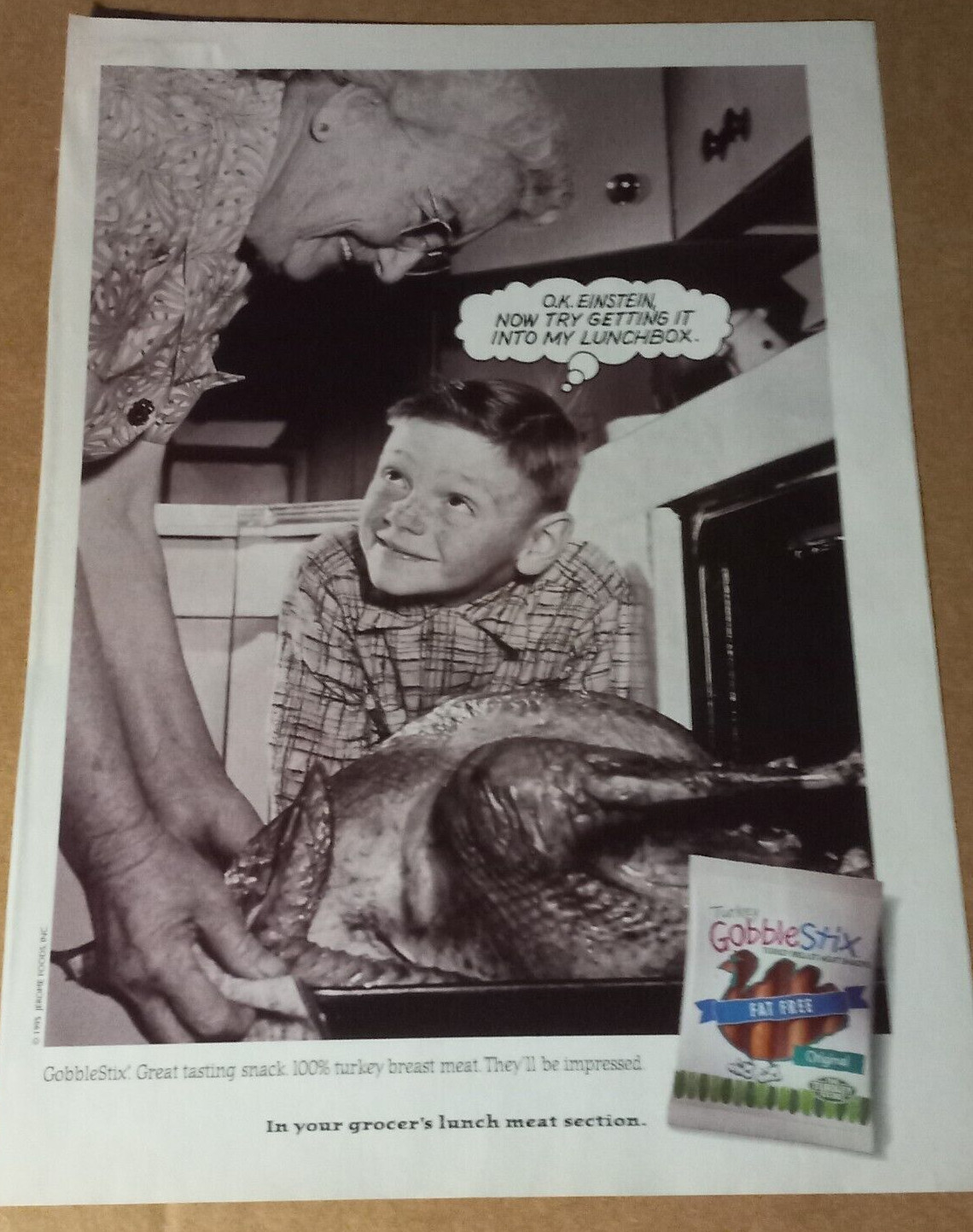 1995 print ad -Jerome Foods turkey GobbleStix Cute little boy family Advertising