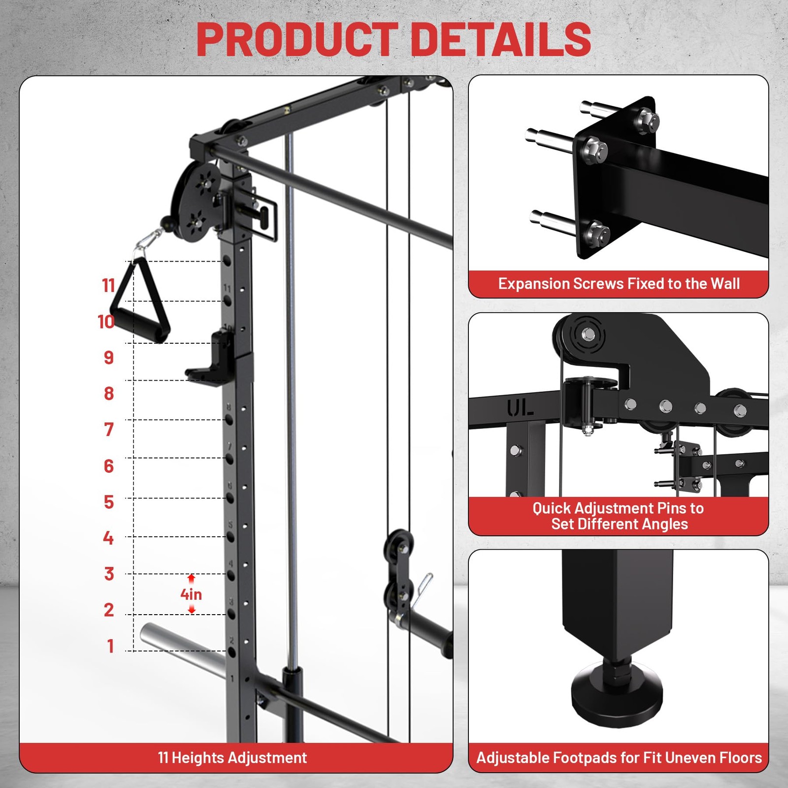 Wall Mount Smith Machine Squat Rack Power Rack with Dual Pulley System Workout