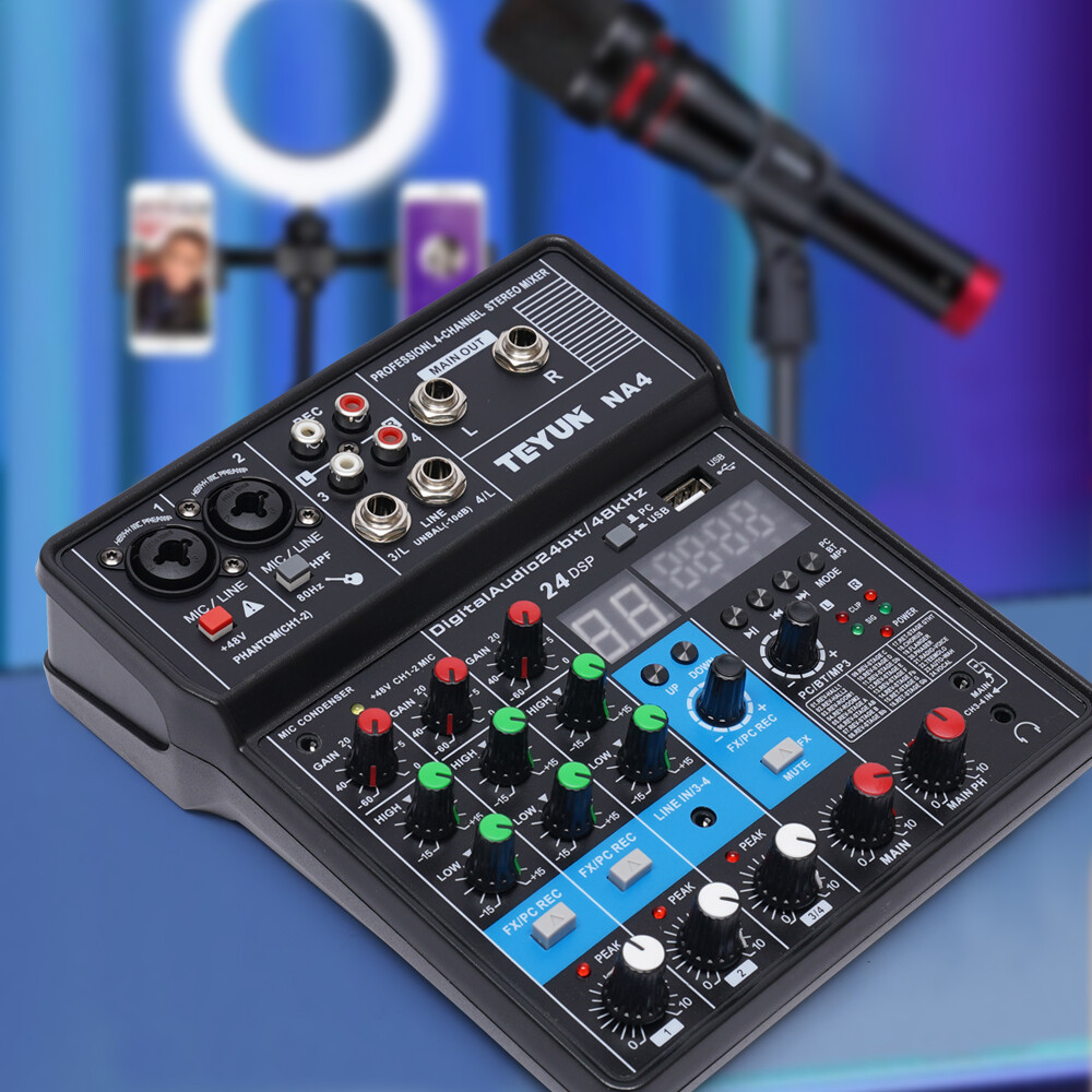 Mini Audio Mixer Bluetooth USB DJ Console 4 Channel Karaoke Live Studio 24 DSP