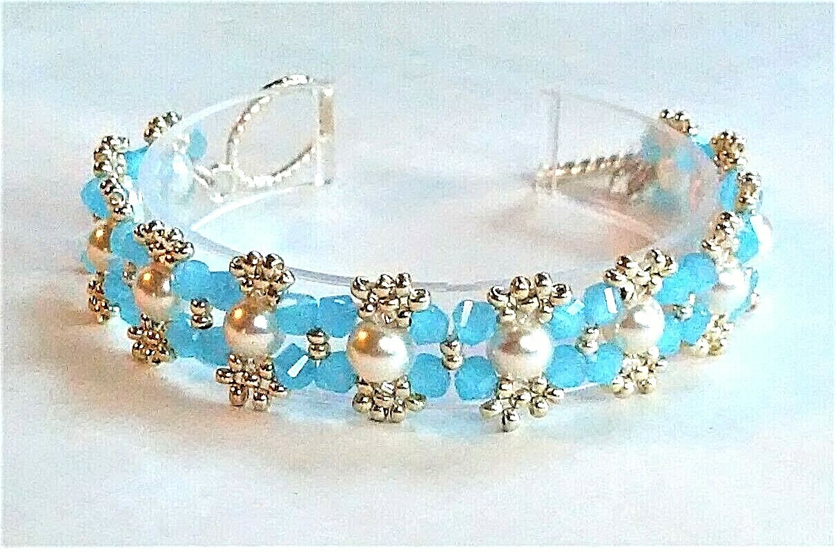 Handmade Aqua Blue White Pearl Beaded Bracelet