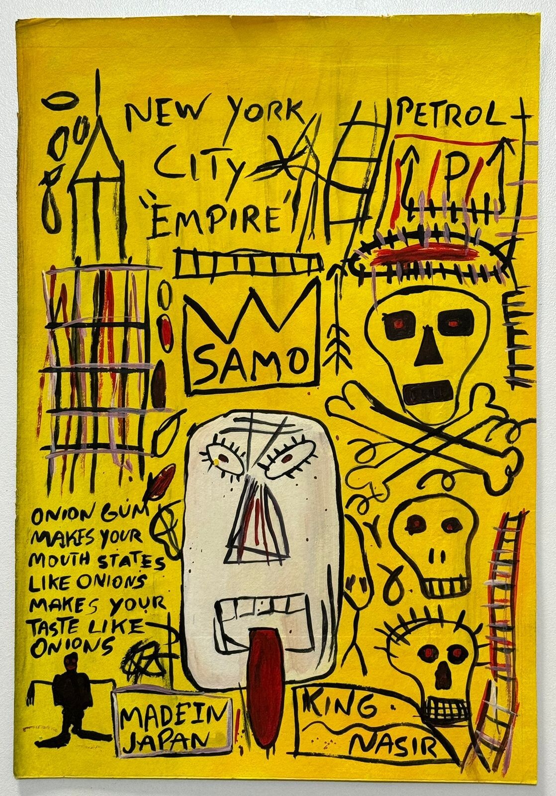 Jean-Michel Basquiat (Handmade) Drawing On old Paper Signed & Stamped, Vtg Art