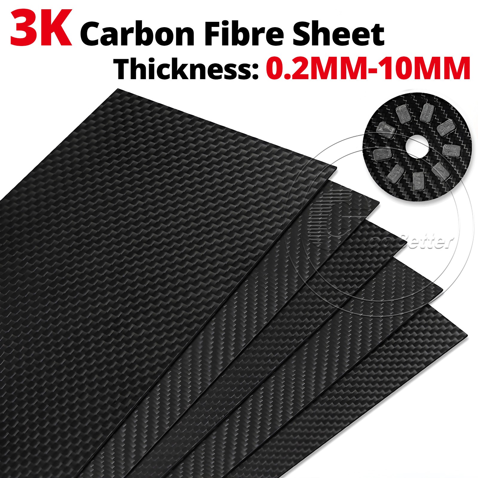Carbon Fibre Sheet 3k Rigid 100% Carbon Matte Twill 0.2mm 0.4mm - 10mm Thickness