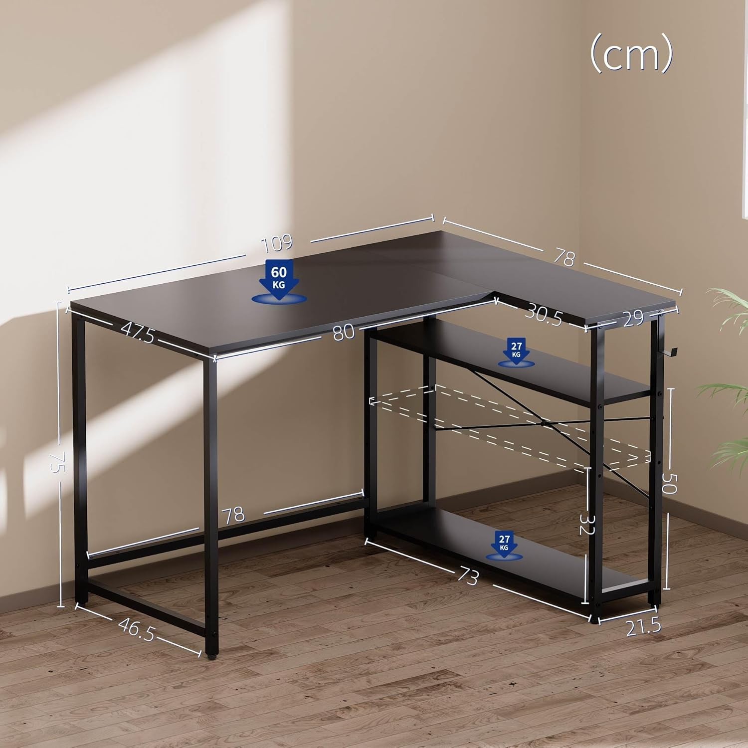43 Inch L Shaped Computer Desk W/ Reversible Side Storage Shelves Small Corner