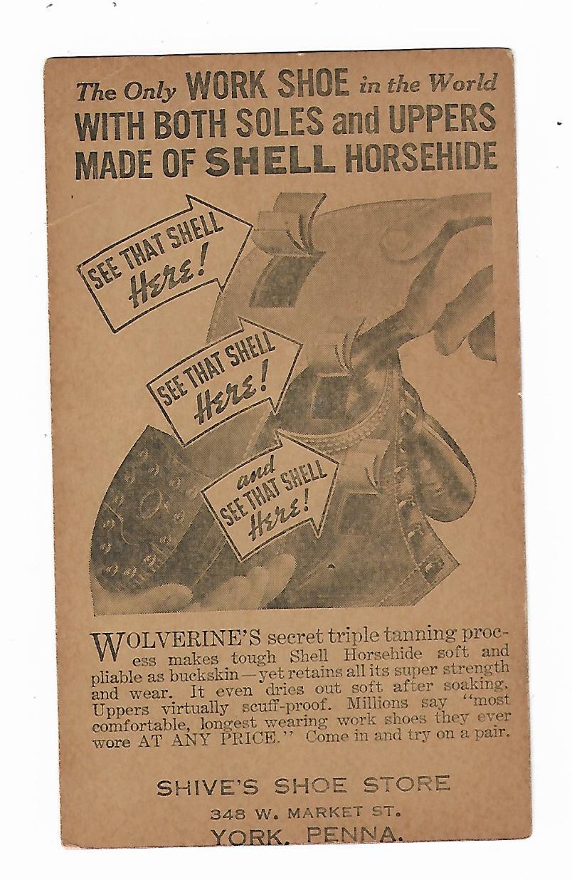 Old UNDIVIDED Advertising Postcard Wolverine Work Shoes Shive's Shoe Store York
