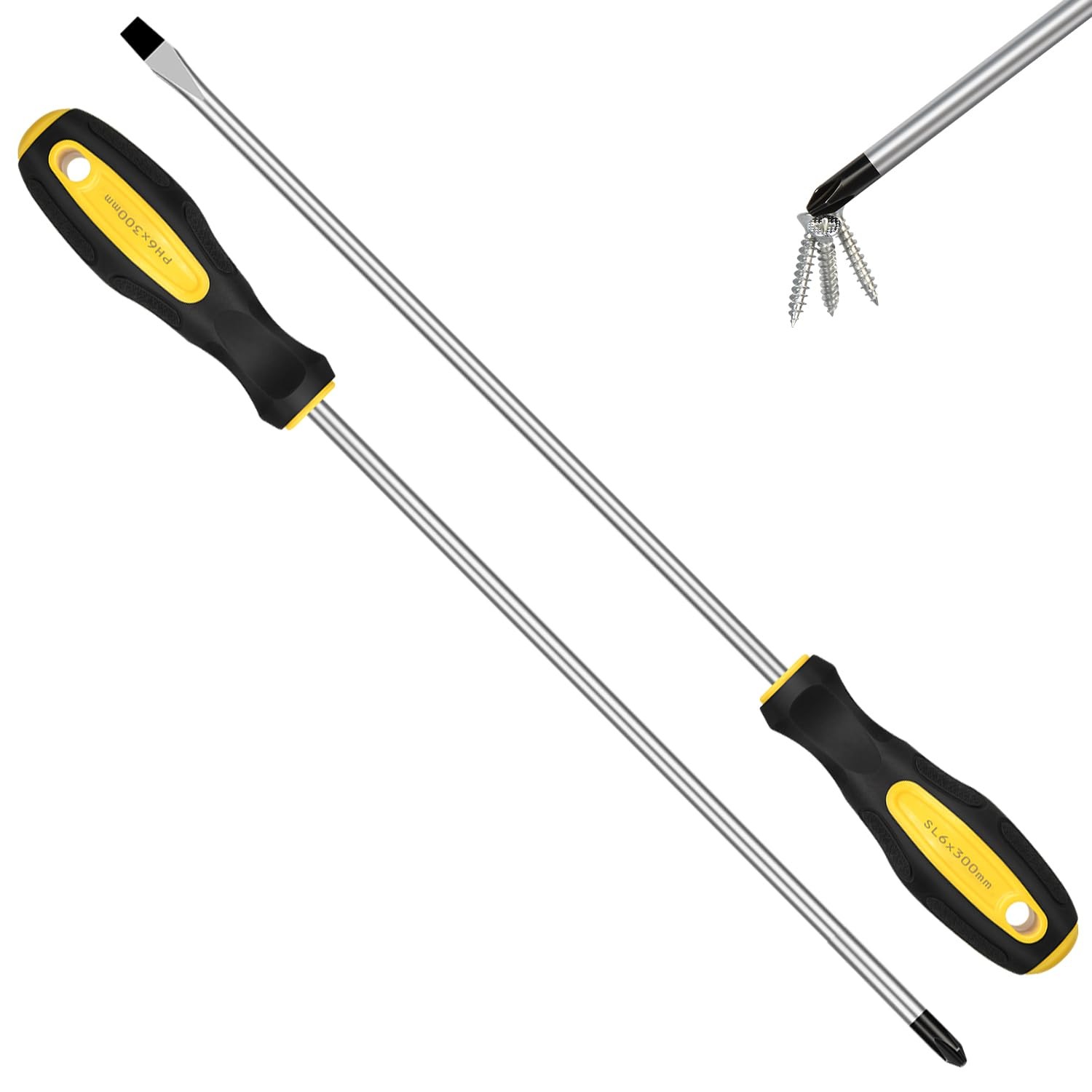 2pcs Long Magnetic Screwdriver Set, 12in Extra Long Phillips and Slotted Screwd