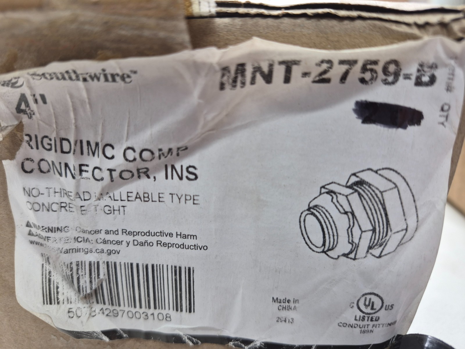 SOUTHWIRE MNT-2759-B, 4" Rigid/IMC Threadless Compression Conduit Connector