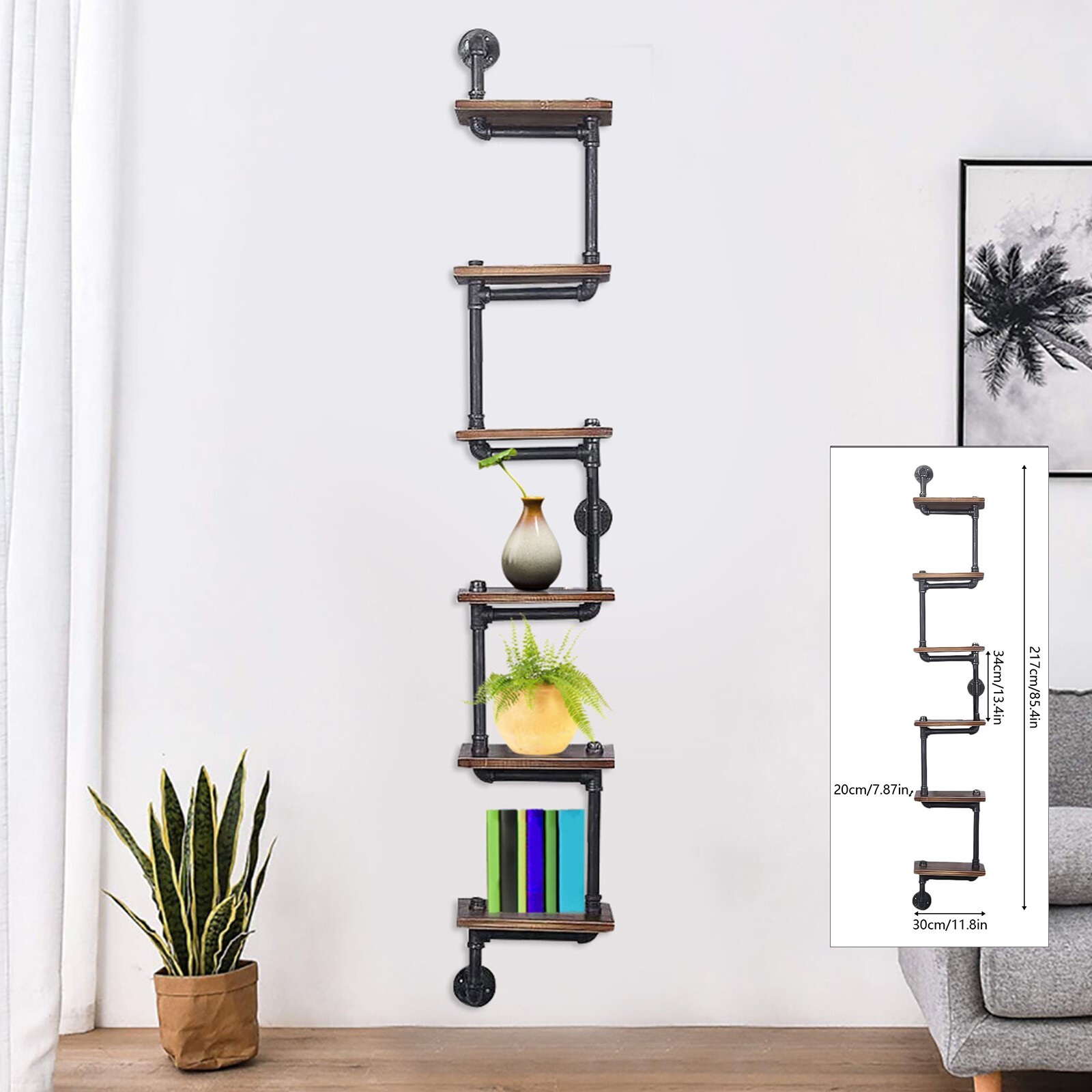 6-Tier Industrial Floating Shelves Wall Mount Pipe Shelves Wood Ladder Bookshelf