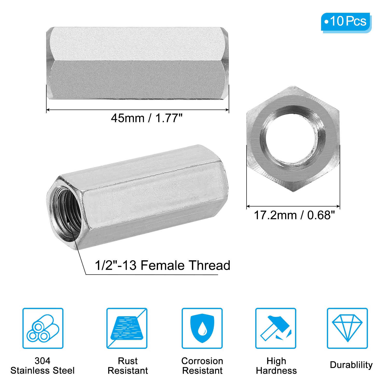 1/2"-13 UNC Hex Coupling Nuts 10Pcs 1.77" Long Fully Threaded Rod Coupling Nut