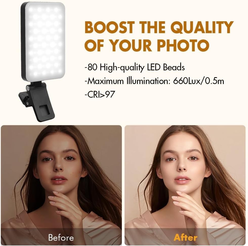 Selfie Light for iPhone,Portable Phone Clip on Light,Rechargeable LED Ring Light