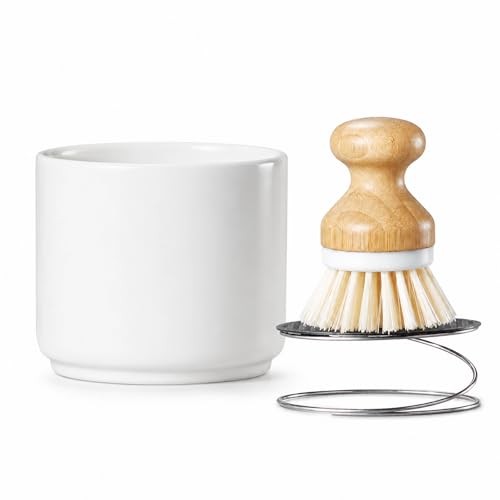 Bamboo Dish Brush with Ceramic Foaming Base, Kitchen Sink Scrub Brush White
