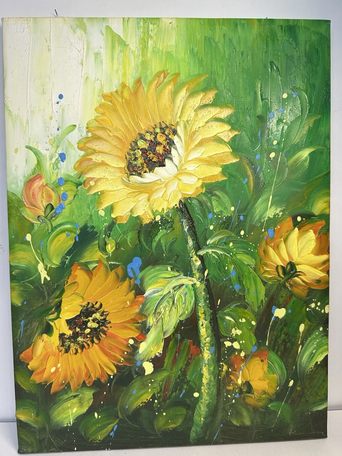 Original Sunflower Floral Oil Painting on Canvas Textured Flowers 16"x11.5"