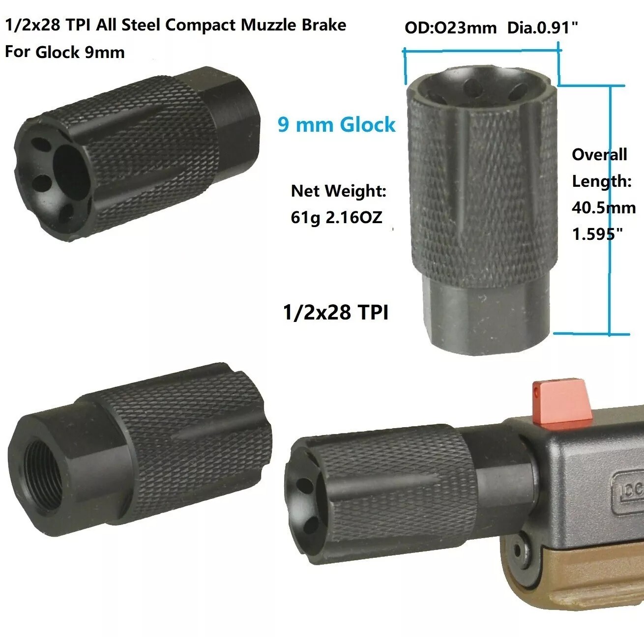 Steel 1/2X28 TPI Compact Low Concussion Muzzle Brake  For Glock 9MM