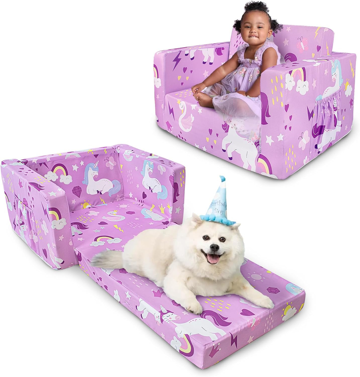 Kids Couch, 2-In-1 Toddler Sofa Fold Out, Soft Toddler Chair for Boys and Girls,