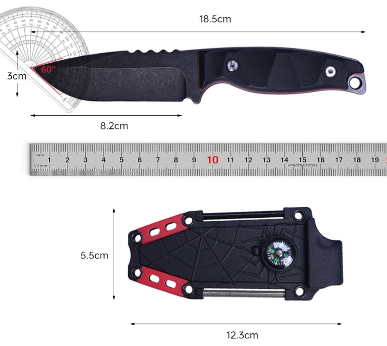 Small Fixed Blade Tactical Hunting Knife with Sheath,Fire Starter,Compass,Mirror