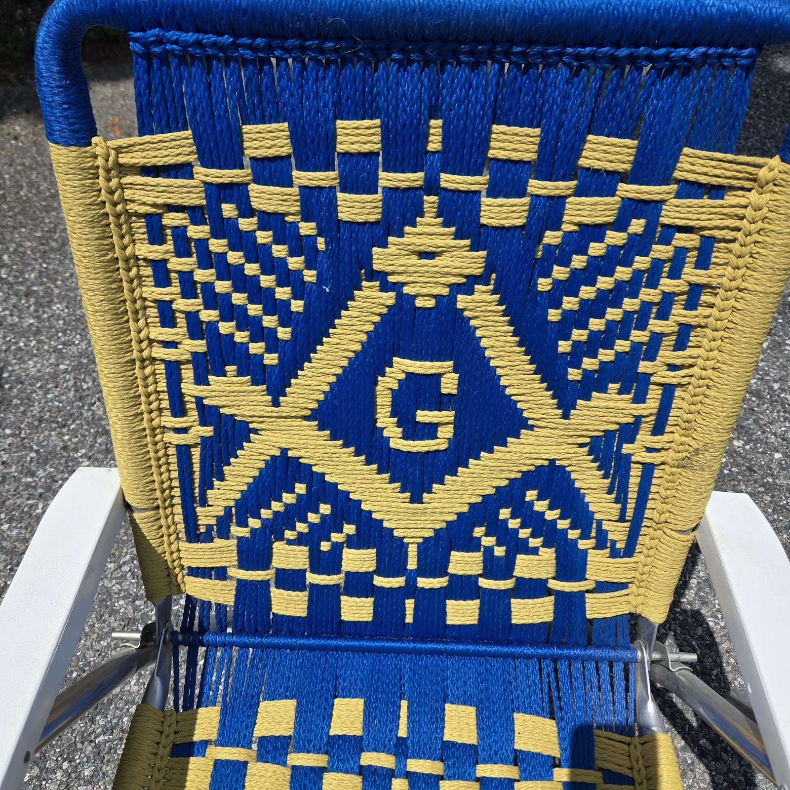 Masonic Folding Chairs Pair Macrame Blue Gold Aluminum Frame Vintage Lawn Patio