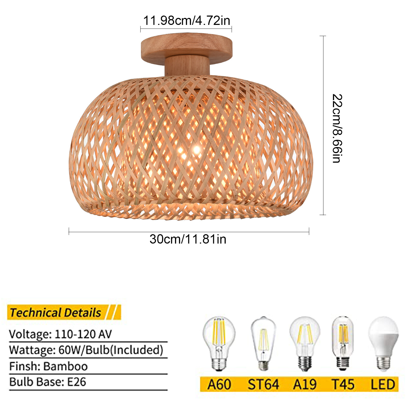 110V E26 Ceiling Light Semicircle Bamboo Pendant Light 60W Indoor Hanging Lamp