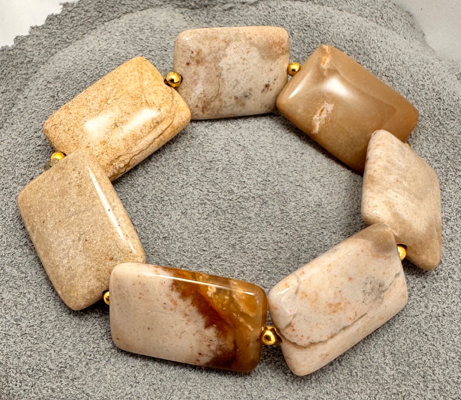 Handmade Beige Jasper 18mm x 25mm Rectangle Beaded Stretch 7" Bracelet