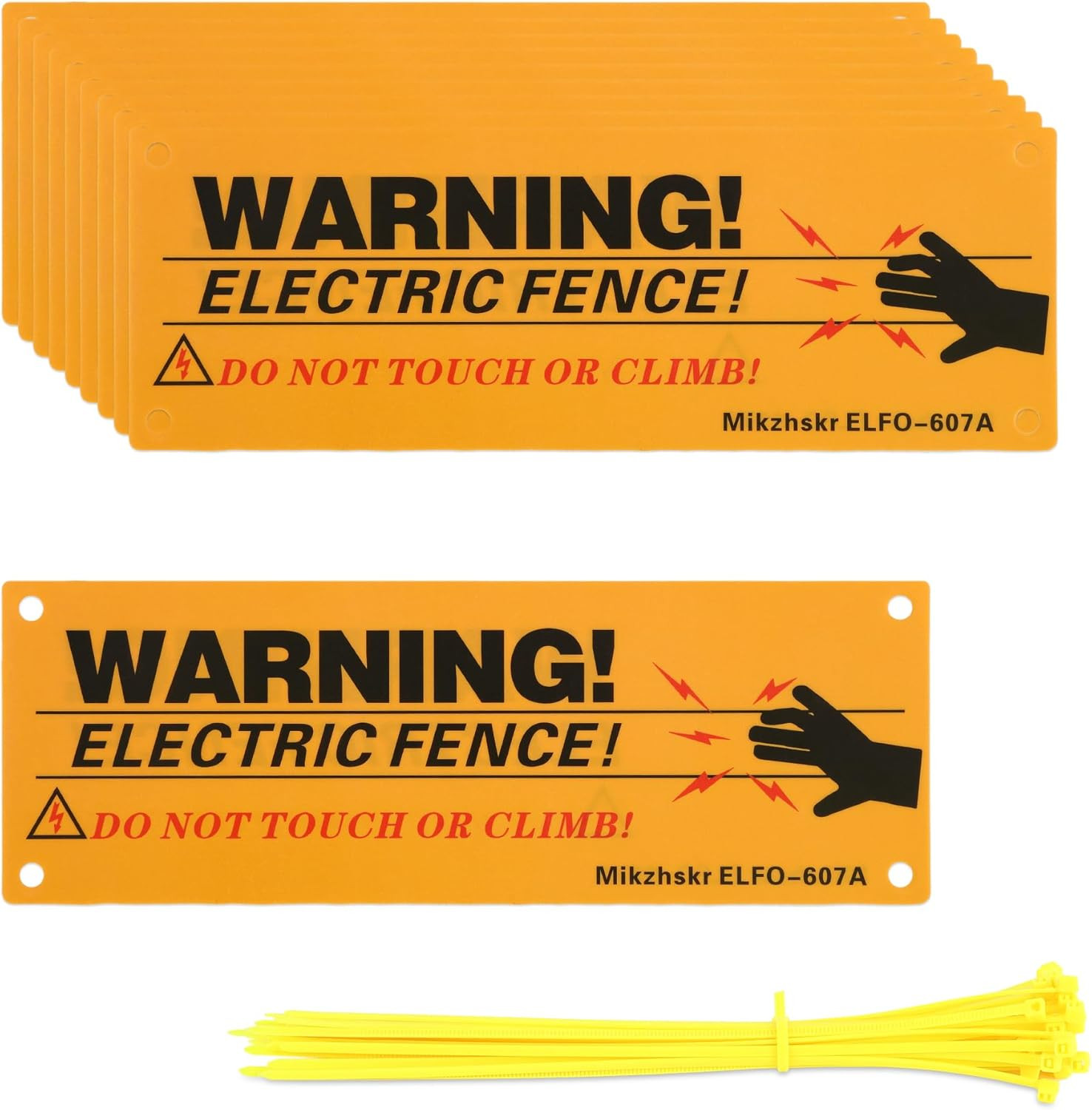 Electric Fence Warning Signs with Zip Ties 10 x 3.5 Inch Plastic Yellow Electric