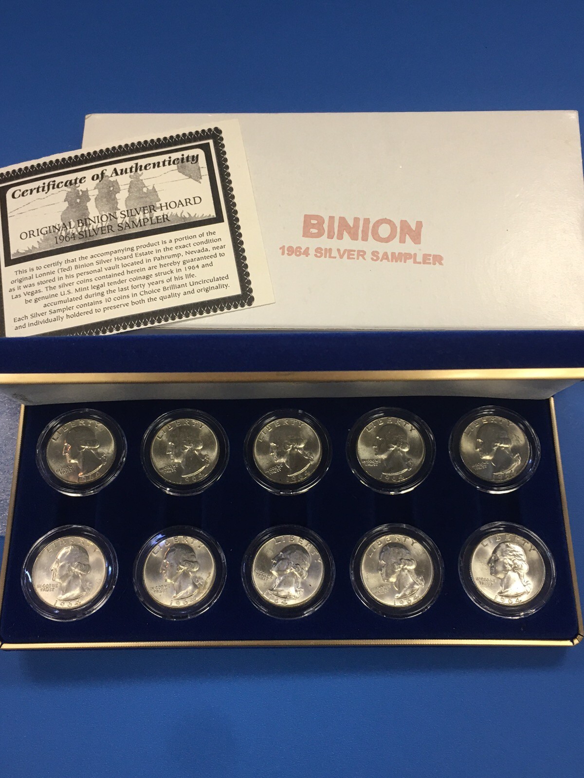 10 BU 1964D WASHINGTON SILVER QUARTERS FROM THE BINION HOARD SILVER SAMPLER CASE