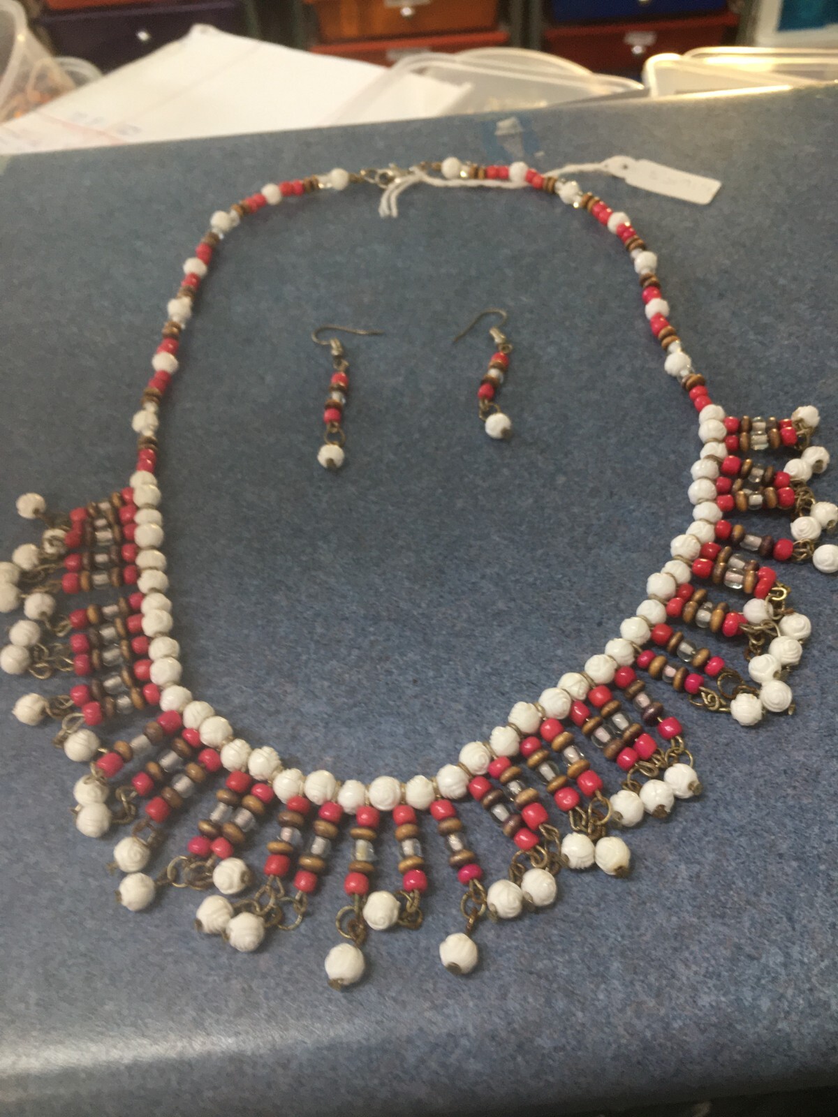 Handmade Necklace and Earrings with White Carved Beads and Pink.