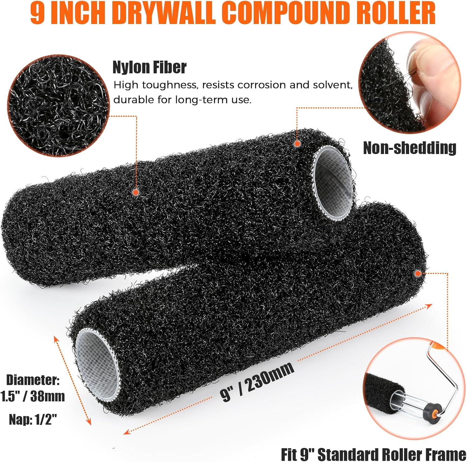 2Pcs 9" Drywall Compound Roller Covers, Shed-Resistant Drywall Mud Roller, Putty