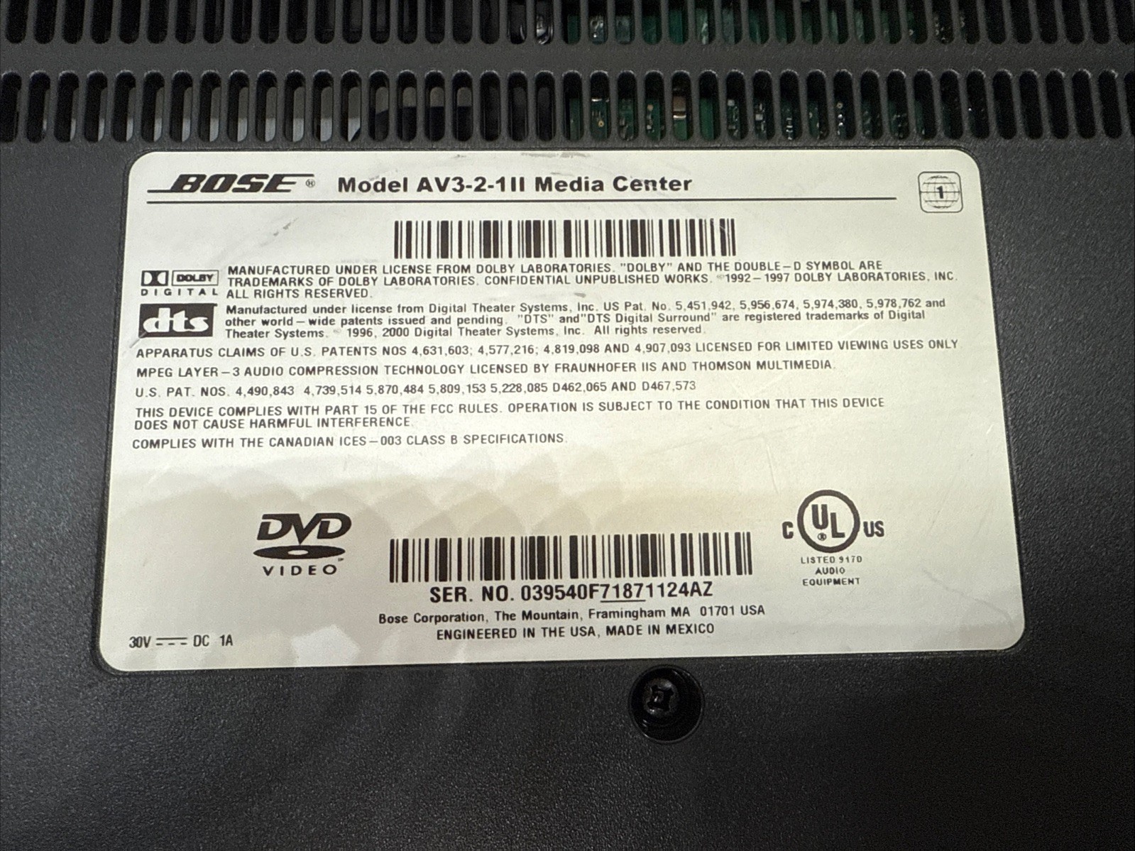 Bose 321 AV3-2-1 II Media Center Console No Cables Unit Only Untested